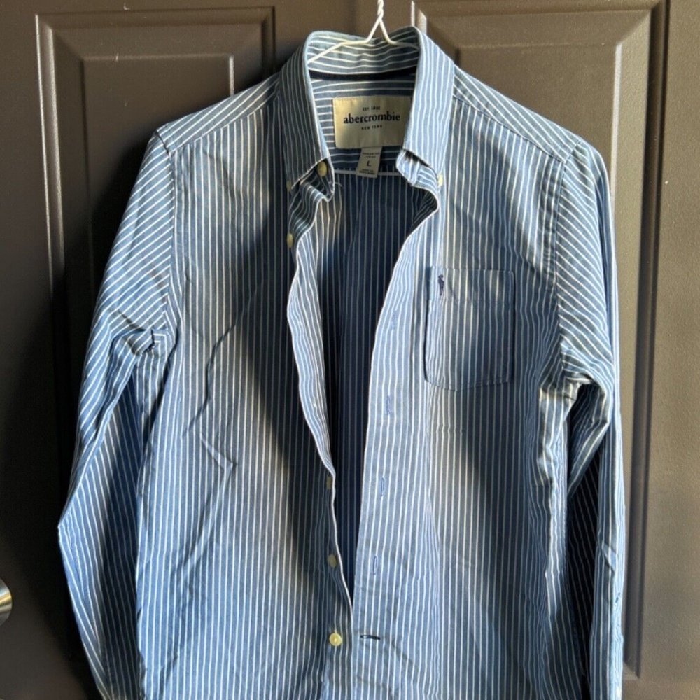 ABERCROMBIE FITCH Muscle Button Down Shirt Mens Large Blue White Plaid Cotton